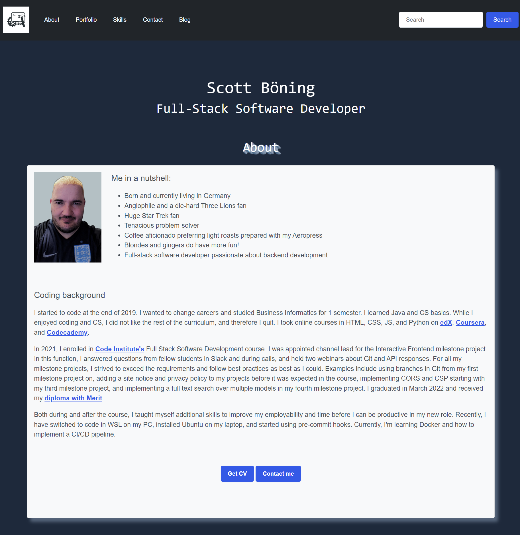 Screenshot with authors photo and info about coding background and some personal info