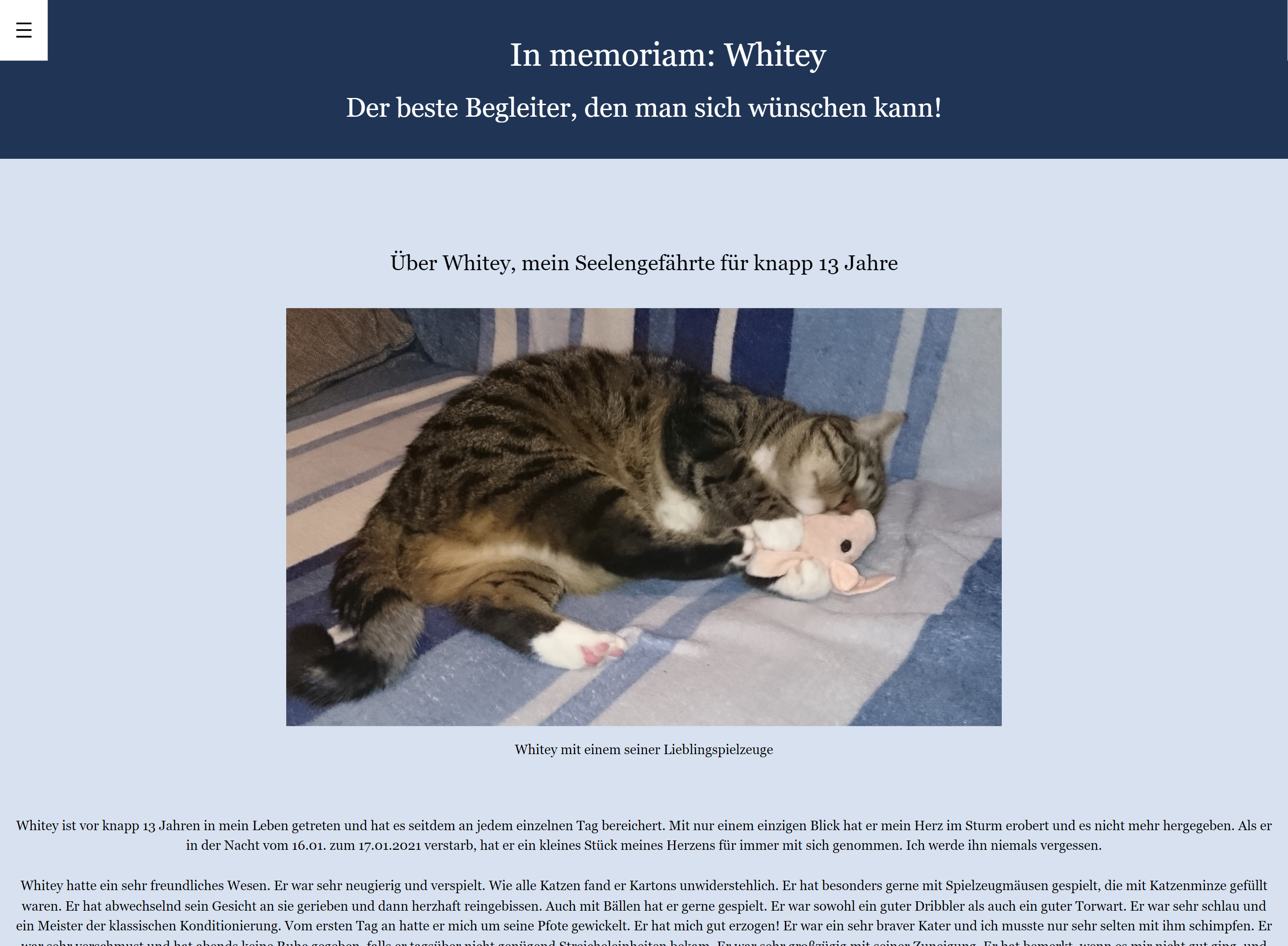 Screenshot for In memoriam Whitey showing a picture of a cat on a couch and text in German