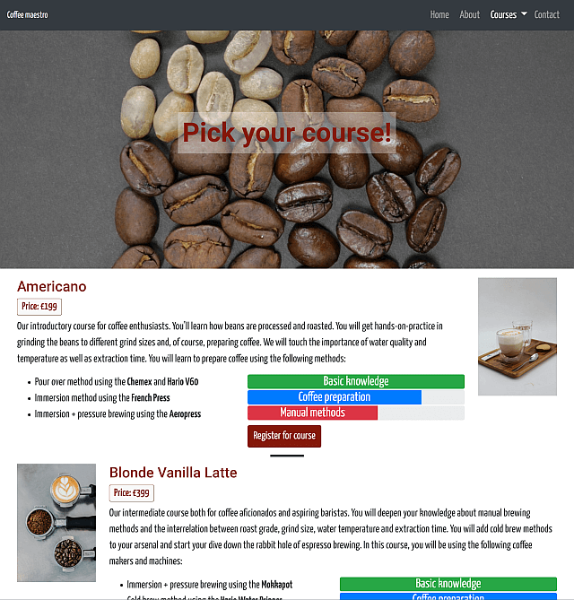 Screenshot for Coffee Maestro showing information about the available courses