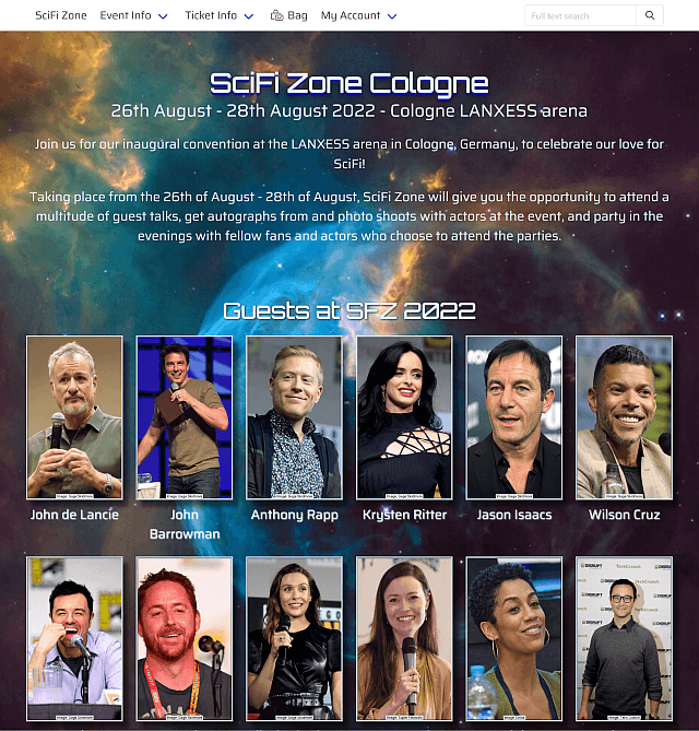 Landing page screenshot for SciFi Zone showing basic info and images of invited guests